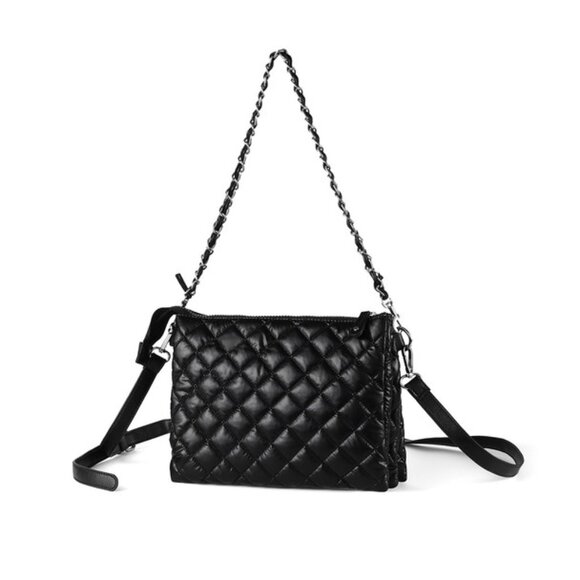 Quilted Puffer Style Crossbody With Chain Décor Wrap Strap- Black- NWT - Picture 1 of 7